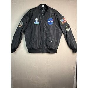 Spirit NASA Bomber Flight Jacket Mens XL Black Galaxy Lining‎ Space Patches